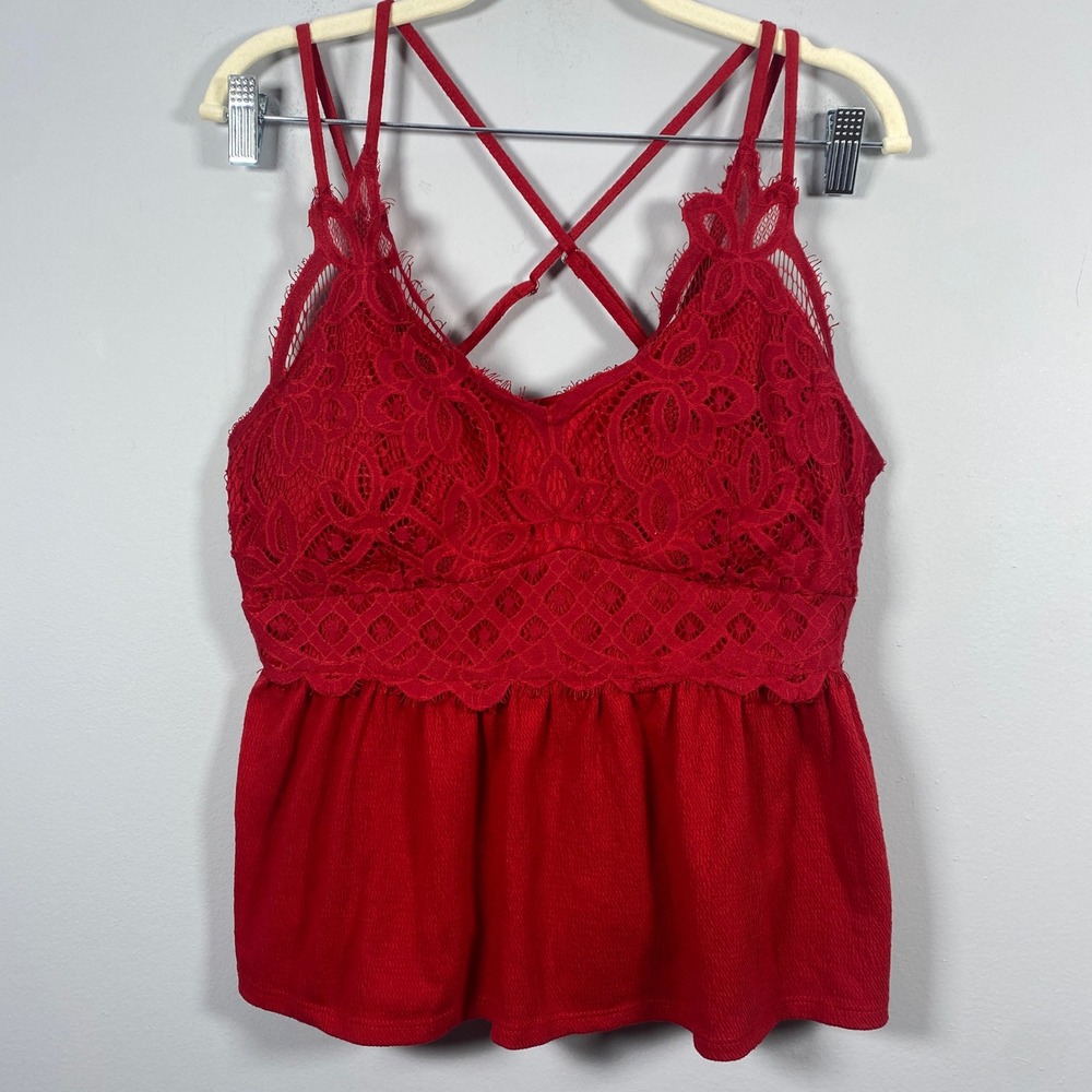 No Boundaries Camisole Tank Top XL 15-17 Red Lace Babydoll Crop Y2K Coquette